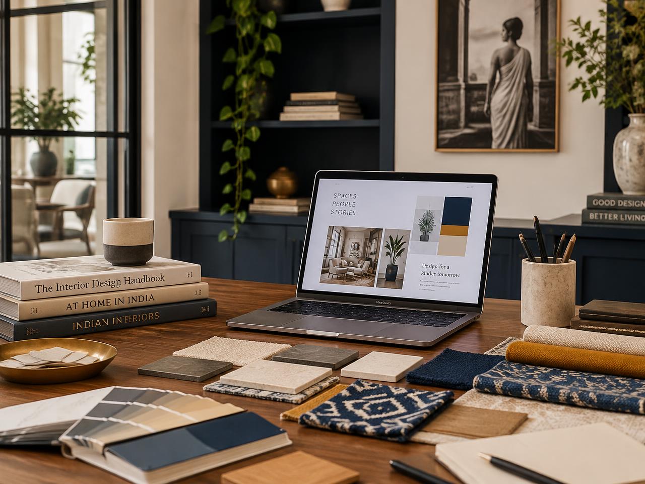 Interior design studio desk with material samples and the Design Dost tools open on a laptop